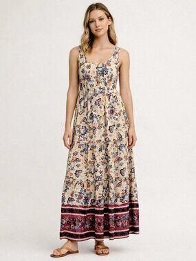 Lucky Brand Floral Tiered Maxi Dress S Boho Cottagecore Summer Border Print